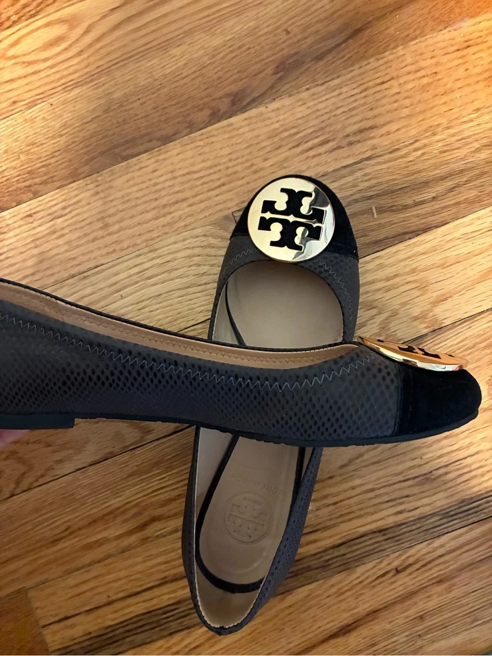 Tory Burch Black Ballet Flats with Gold Logo Accent